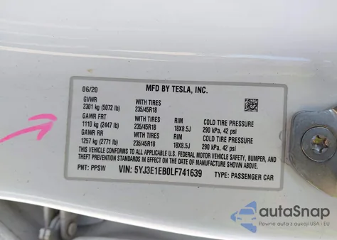 2020 Tesla Model 3 Long Range Dual Motor All-Wheel Drive from USA, damaged, VIN 5YJ3E1EB0LF741639